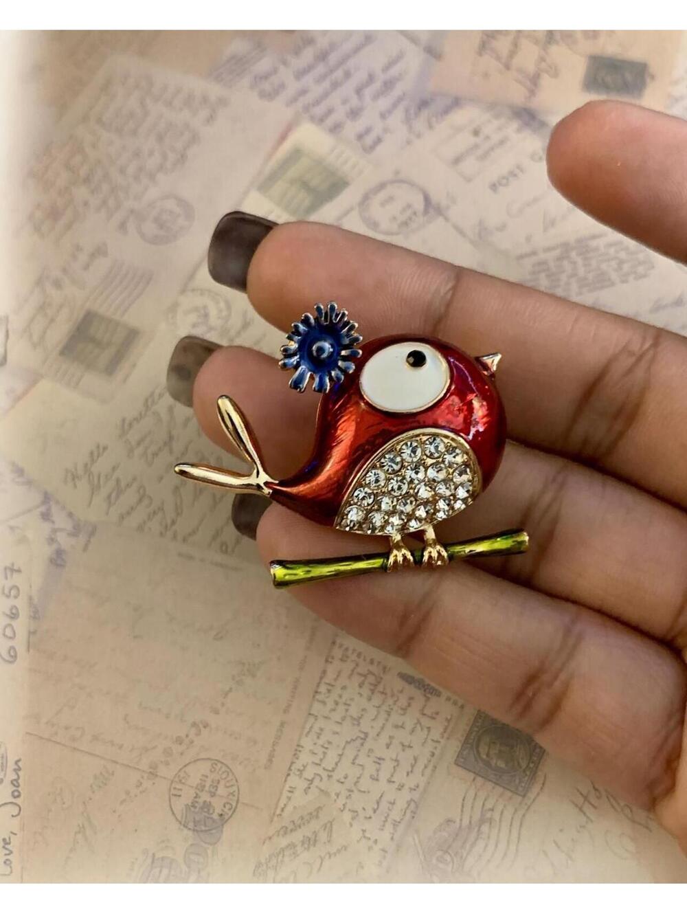Red Enamel Cartoon Bird Brooch Rhinestones Pave Yellow Metal Whimsical Accessory - Picture 4 of 4
